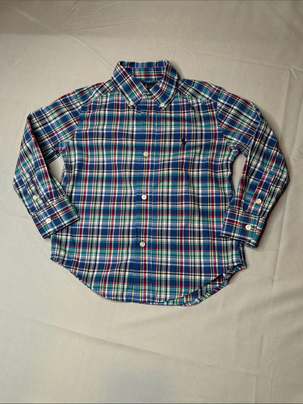 Ralph Lauren Boys Navy Green Red Plaid Button-Down Long Sleeve Shirt Size 3 3T
